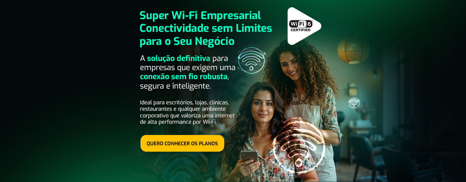 O Super Wi-fi &eacute; um servi&ccedil;o de instala&ccedil;&atilde;o e manuten&ccedil;&atilde;o de roteadores com Wi-Fi 6 em pontos estrat&eacute;gicos para ampliar o alcance, estabilidade e qualidade da rede sem fio (wi-fi)  da sua internet fibra contratada. VOC&Ecirc; E SUA CASA FICAM SEMPRE ON. Quero conhecer os planos